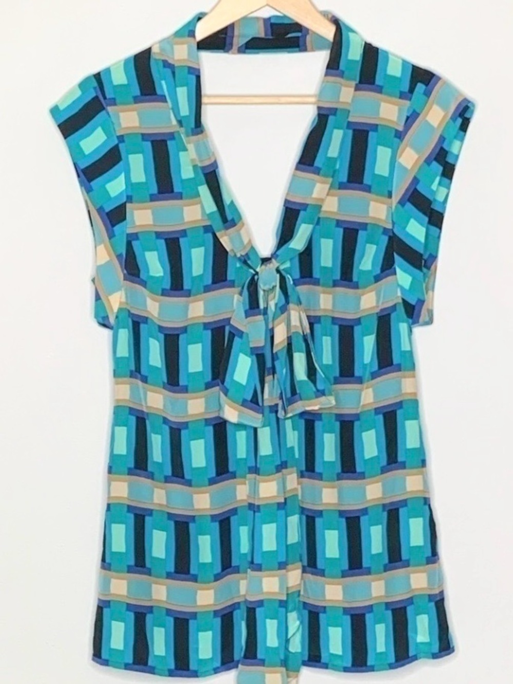 Tracy Reese Silk Geometric Blouse Low Back Tie XS Blue